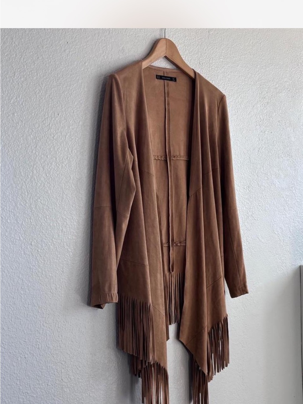 Zara Tan Faux Suede Fringe Jacket Boho Waterfall Cardigan Coat Medium - Picture 3 of 8